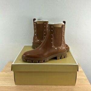 Michael Kors Ridley Studded Leather Gore Lug Sole Booties- Luggage- Size 6 M